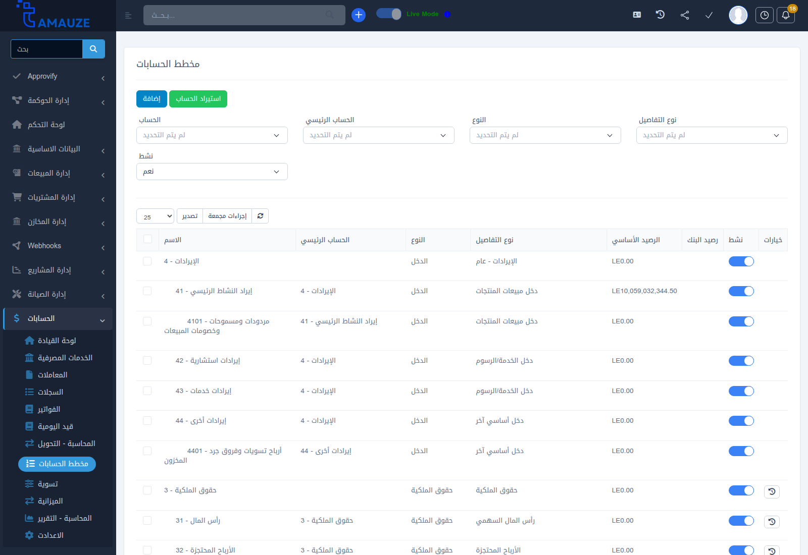 شاشة دليل وشجرة الحسابات في بروفيجن ERP