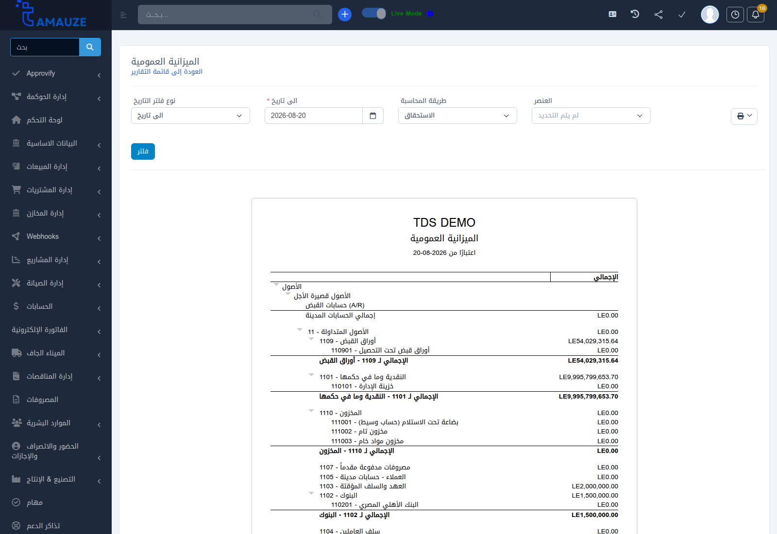 تقرير الميزانية العمومية في بروفيجن ERP