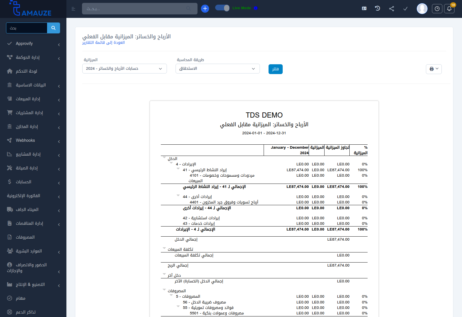 تقرير الموازنة التقديرية مقابل الفعلي في بروفيجن ERP