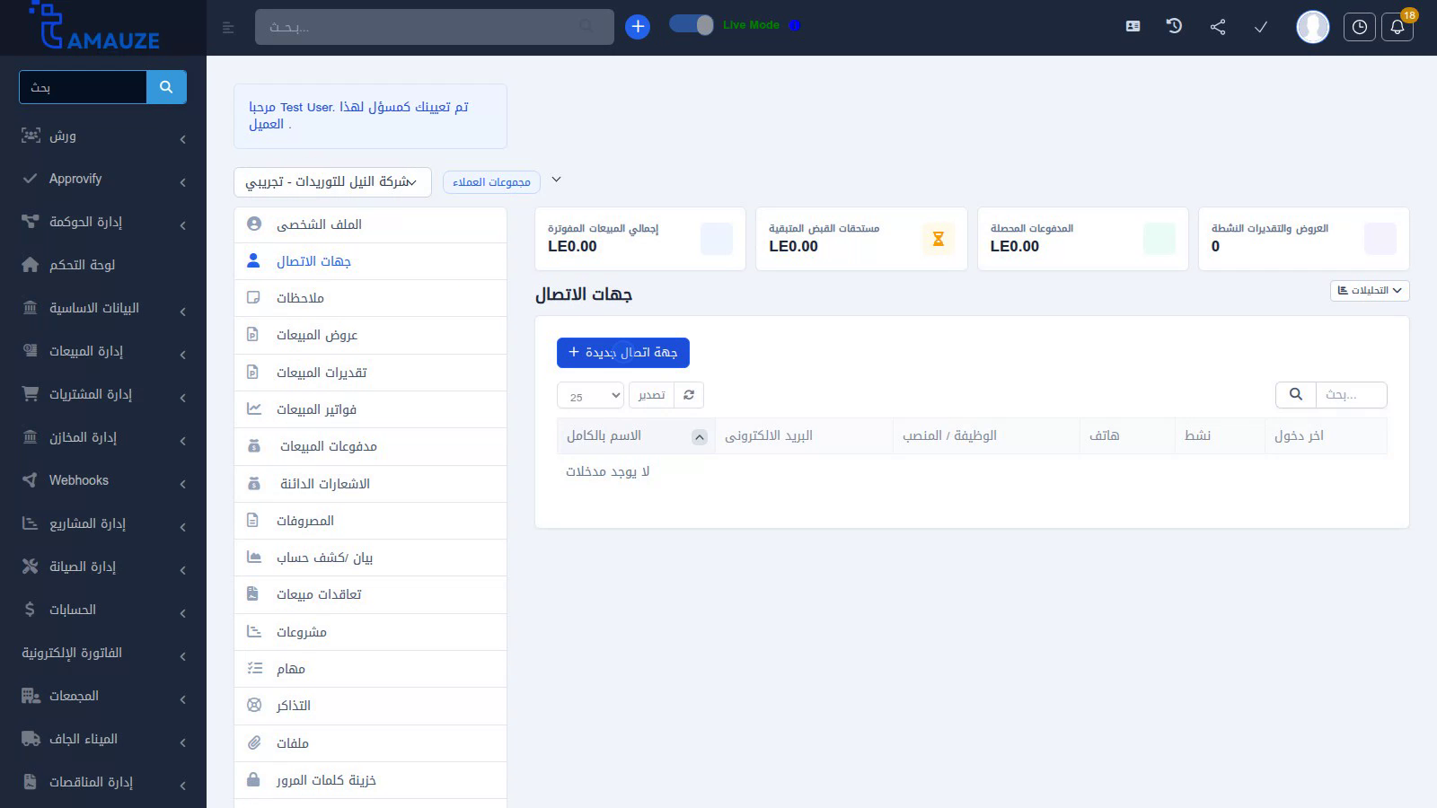 قائمة جهات الاتصال التابعة للمنشأة مع مؤشرات الحالة والصلاحيات