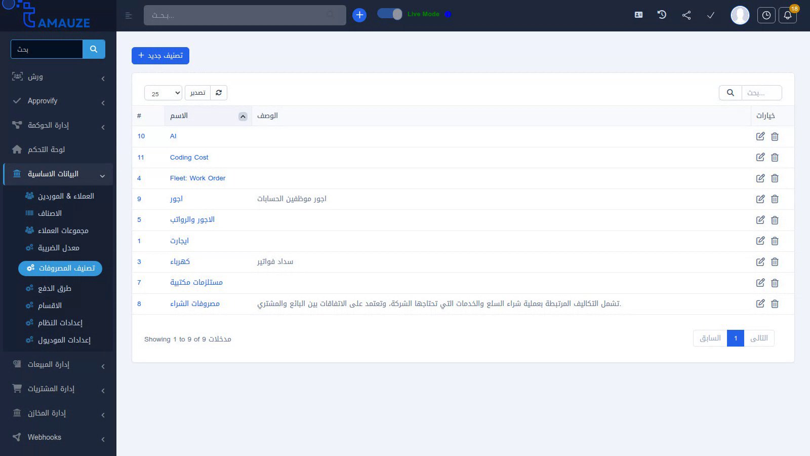 الشكل 11: شاشة تصنيفات المصروفات وربط الحسابات المحاسبية التوجيهية.