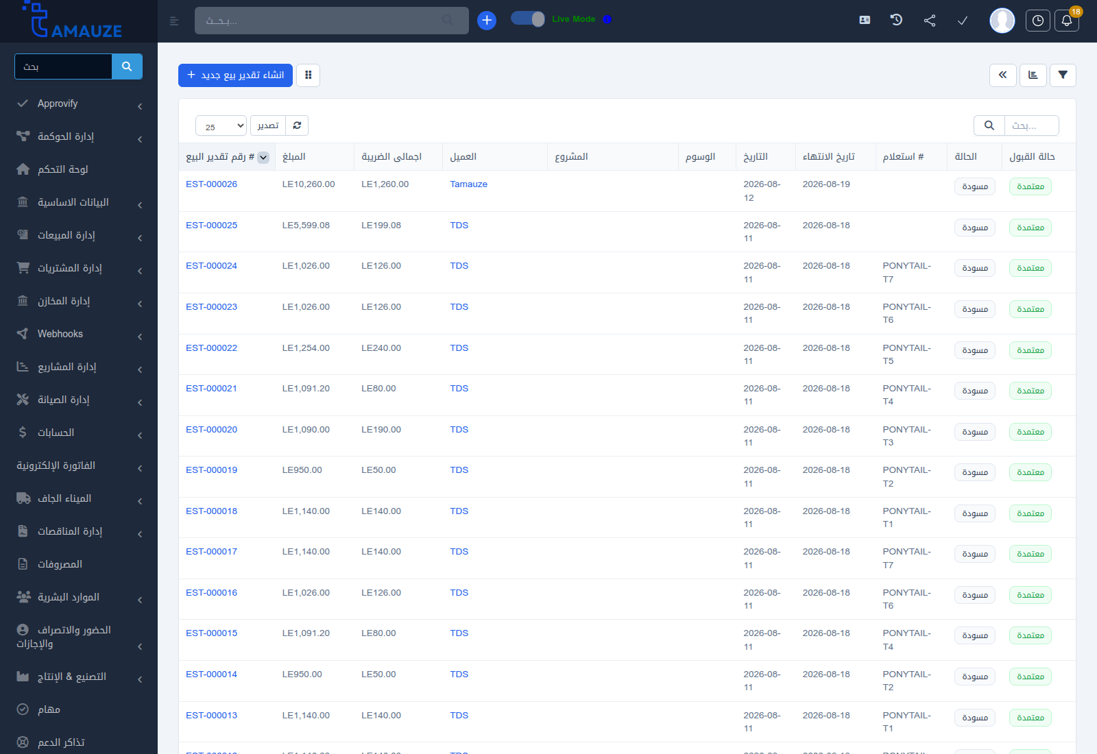 مسار كانبان التفاعلي للمقايسات وعروض الأسعار في بروفيجن ERP