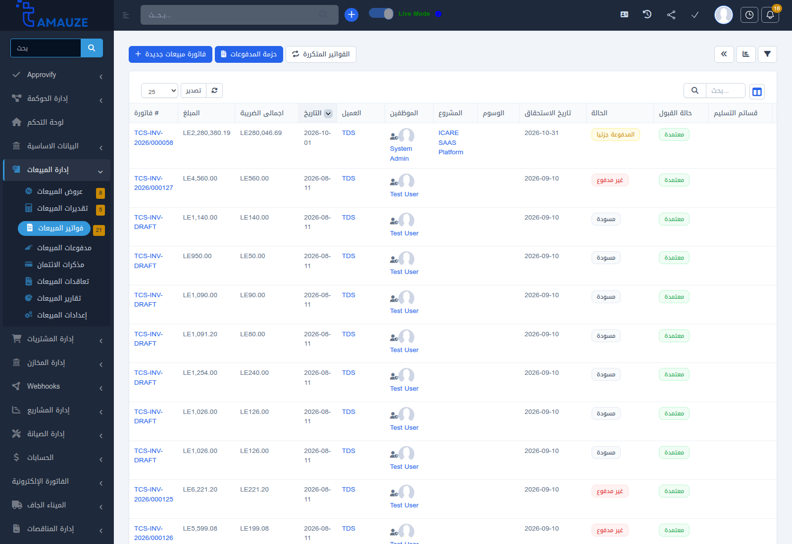لوحة إدارة فواتير المبيعات ومؤشرات الأداء في موديول المبيعات